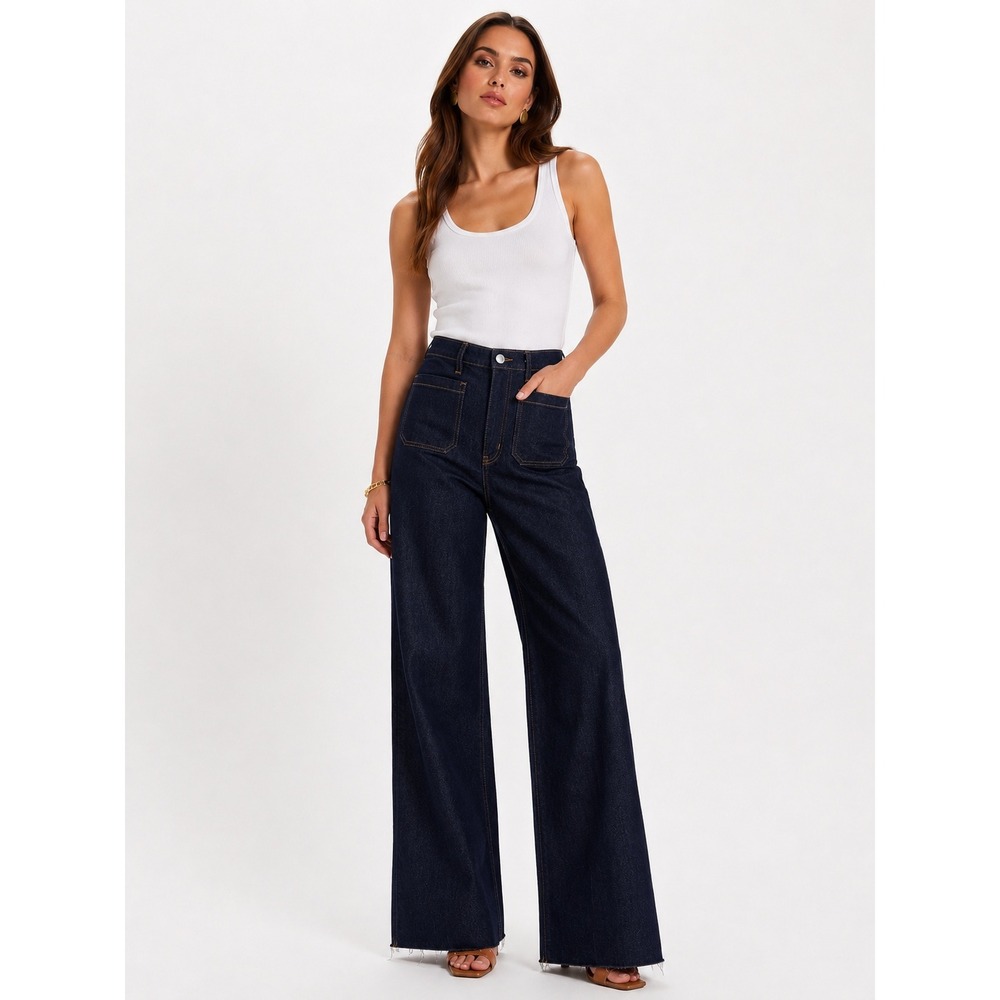 Daze Denim Far Out High Rise Wide Leg Jeans Dark Wash Raw Hem Size 28 NWT
